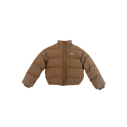 Front view of the ninø premium brown puffer jacket featuring a high-neck zip-up design and 90% white goose down filling.