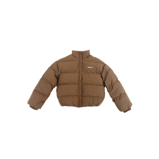 Front view of the ninø premium brown puffer jacket featuring a high-neck zip-up design and 90% white goose down filling.