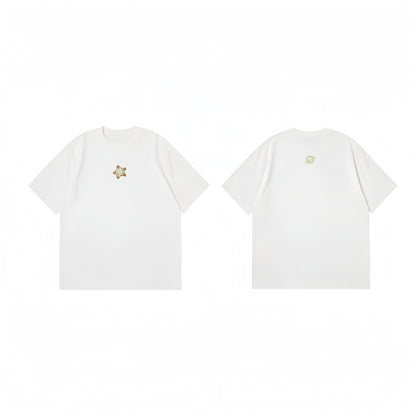 ØGENDER white organic-style tee with an orange starfish graphic, summer seaside inspired fashion.