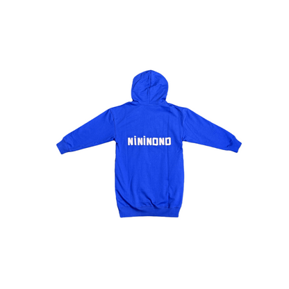 Back view of the blue sweatshirt dress highlighting the large "NININONO" bold white text print.