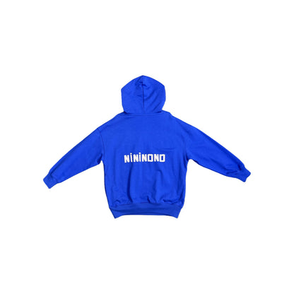 Back view of the Klein blue hooded sweatshirt highlighting the large white "NININONO" text print.