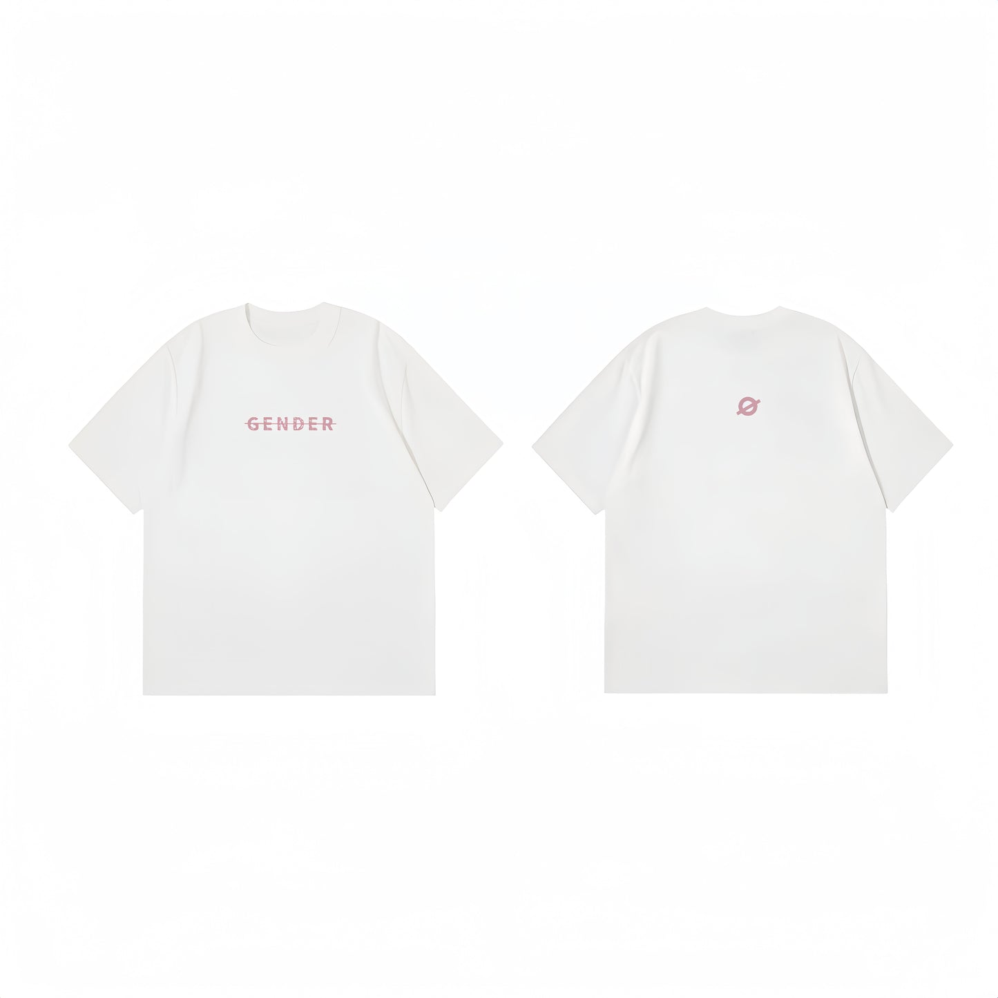 Comprehensive flat lay of Ogender white unisex tee showing both the 'Gender' front print and the iconic 'Ø' logo on the back.