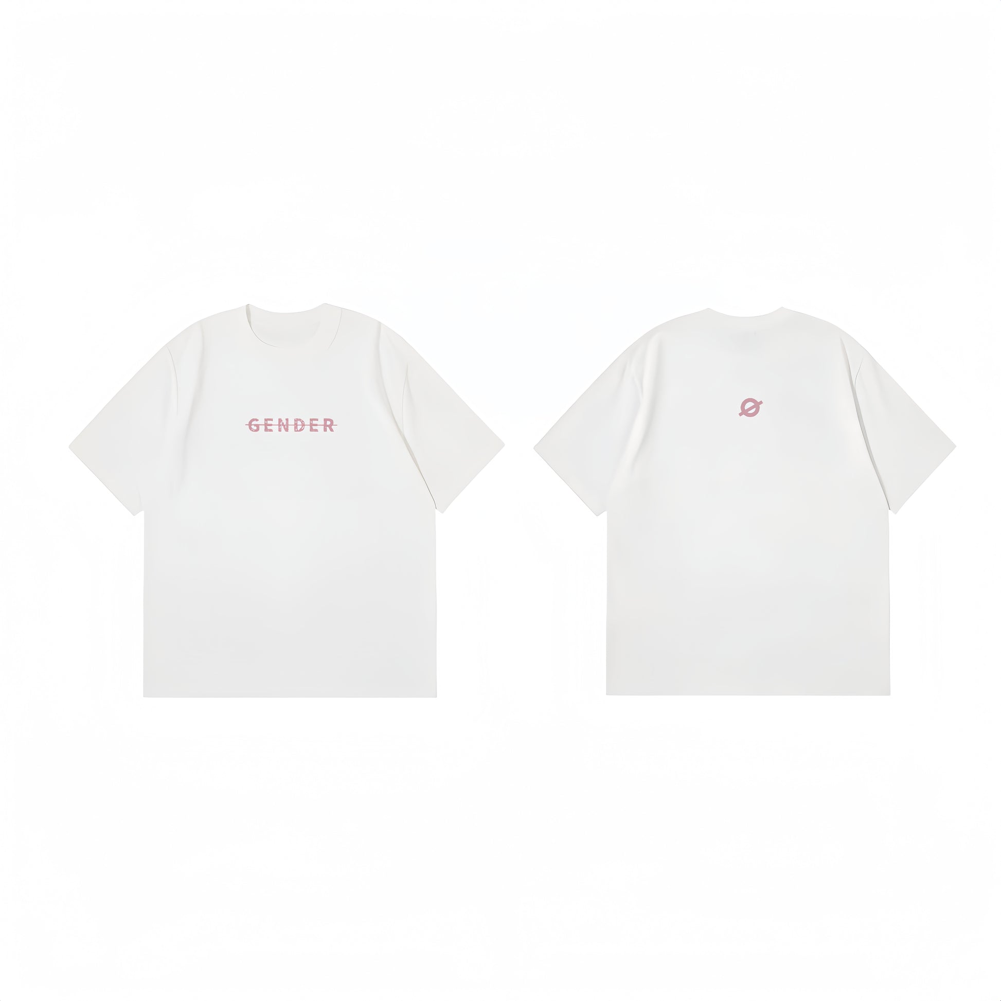 Comprehensive flat lay of Ogender white unisex tee showing both the 'Gender' front print and the iconic 'Ø' logo on the back.