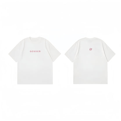 Comprehensive flat lay of Ogender white unisex tee showing both the 'Gender' front print and the iconic 'Ø' logo on the back.