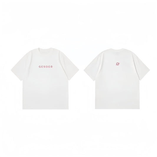 Comprehensive flat lay of Ogender white unisex tee showing both the 'Gender' front print and the iconic 'Ø' logo on the back.