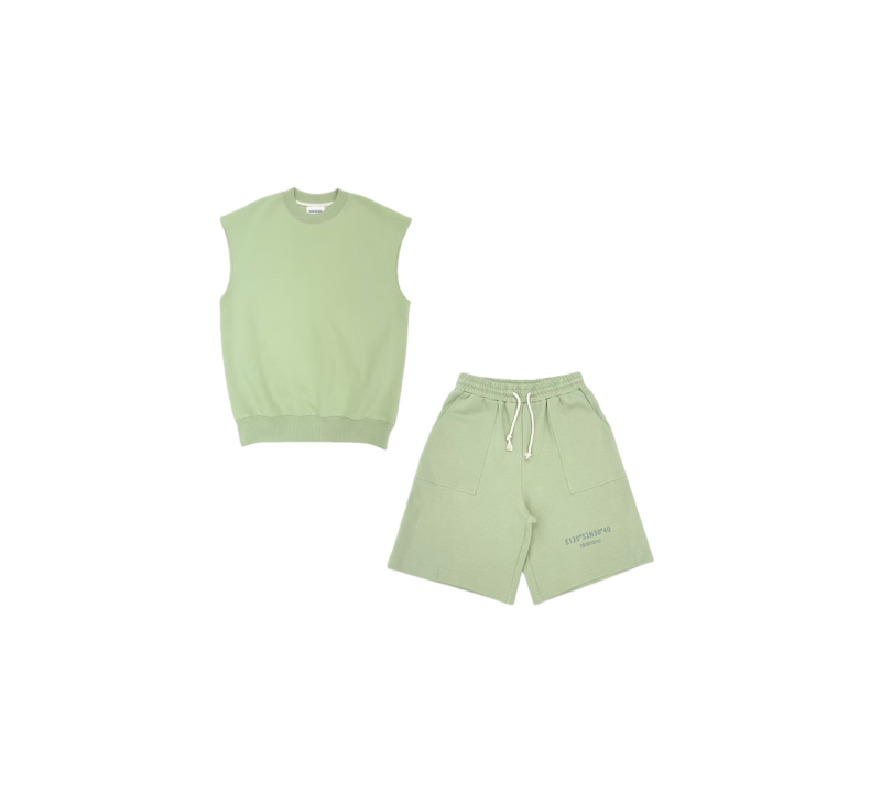 Front view of Ogender premium 320g/m2 cotton set, featuring an oversized sleeveless tank and matching sweat shorts in sage green.