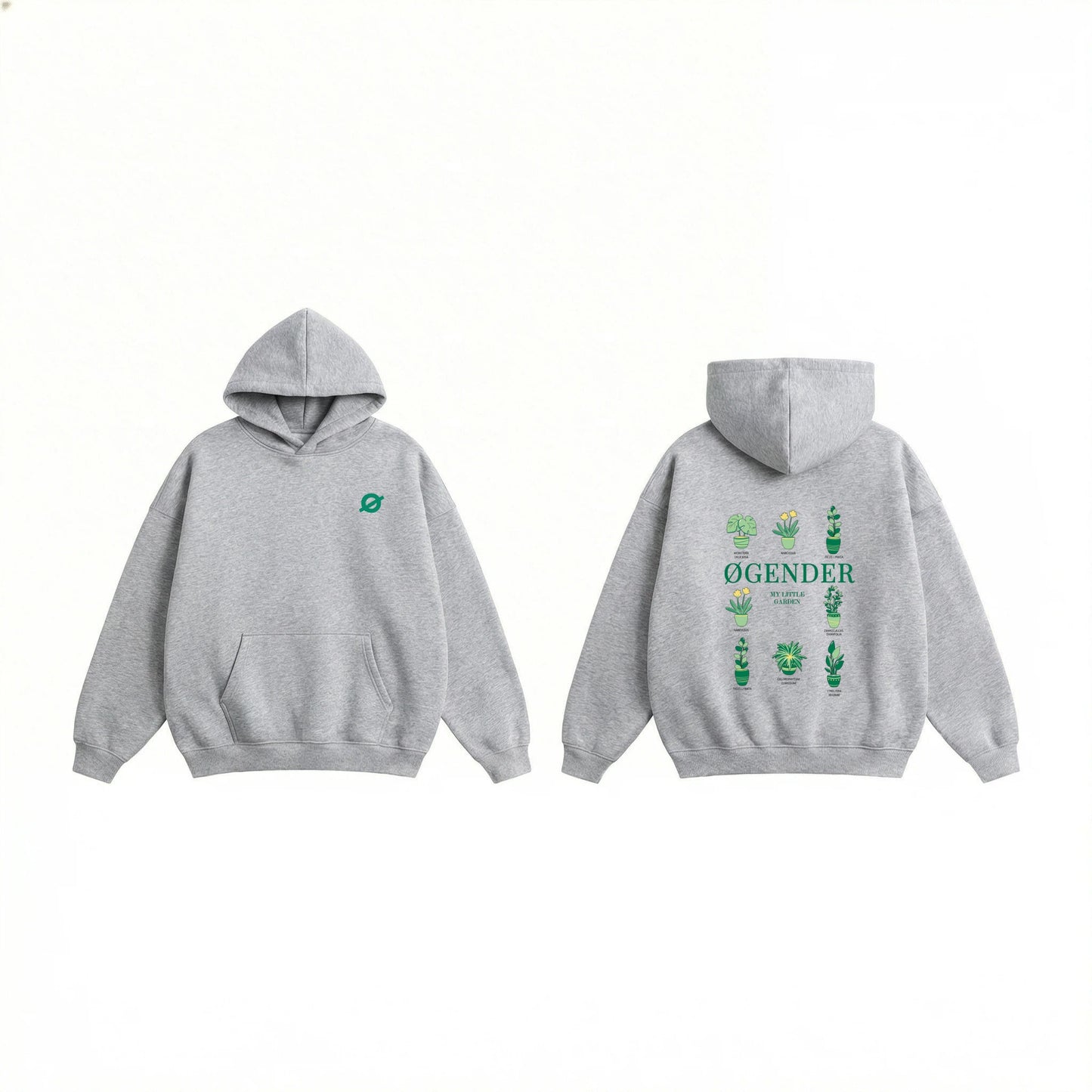ØGENDER Garden Series oversized fleece hoodie in Cement Grey, featuring "My Little Garden" botanical potted plant graphics.