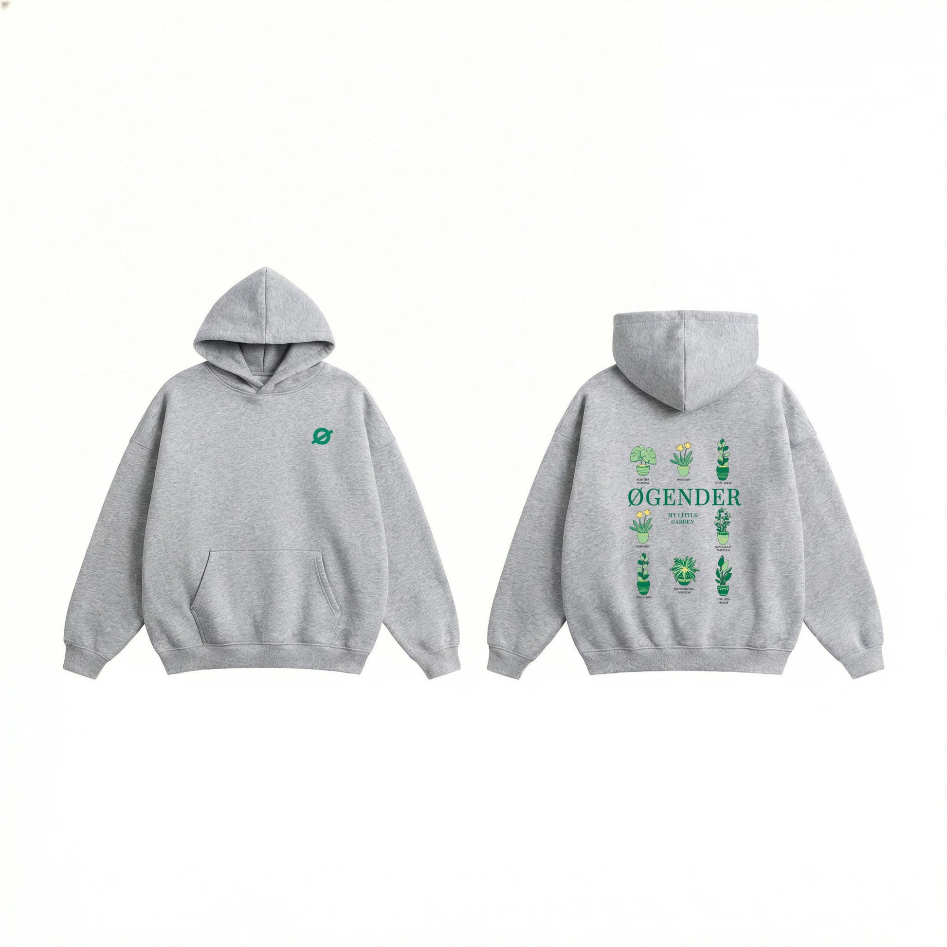 ØGENDER Garden Series oversized fleece hoodie in Cement Grey, featuring "My Little Garden" botanical potted plant graphics.