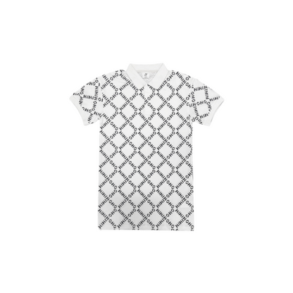 Front view of the ninø kids' polo collar dress featuring an all-over geometric logo print in white and 