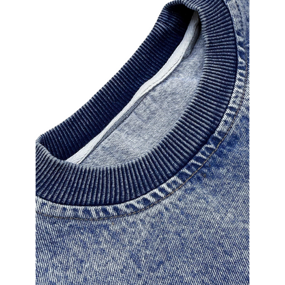 Detailed view of the sturdy ribbed crewneck on the Ogender denim sweatshirt, showing high-quality wash effects.