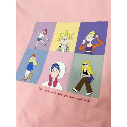 High-resolution close-up of the playful multi-character cartoon graphic printed on the back.