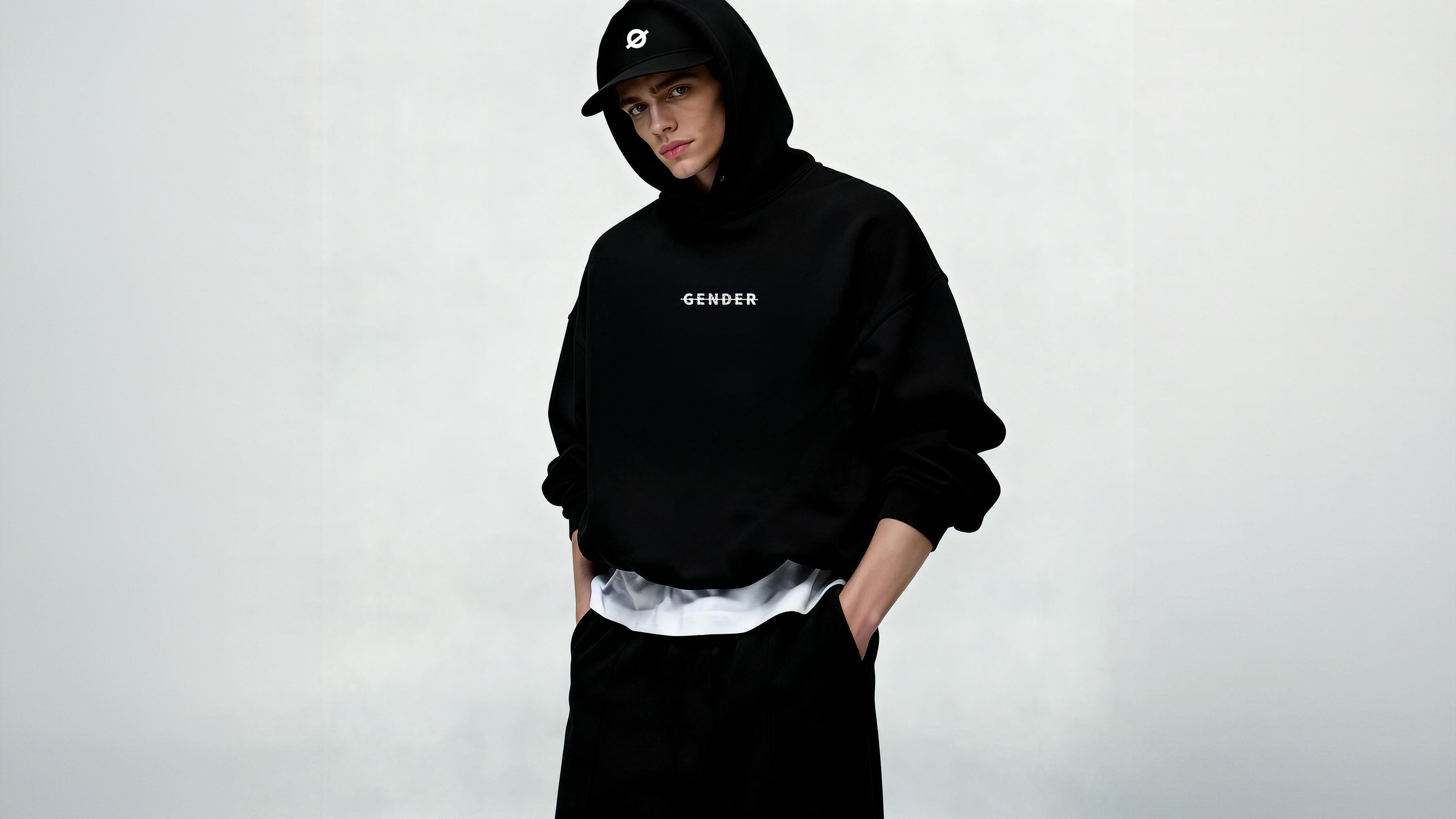 ØGENDER avant-garde streetwear banner: model in an all-black oversized hoodie with "GENDER" text and layered baseball cap, featuring a white tee peeking out for contrast against a minimalist light grey background, embodying a bold unisex aesthetic.