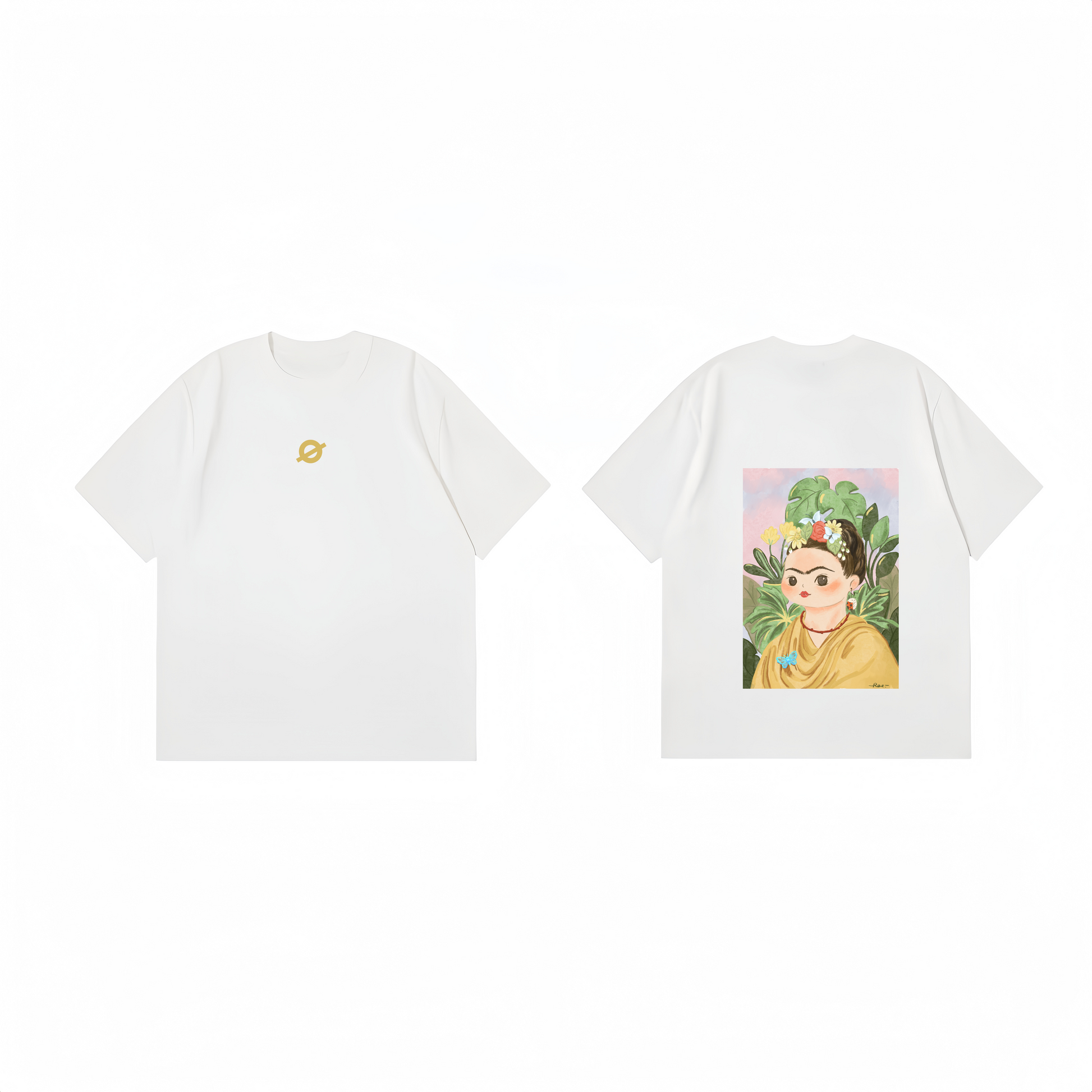 ØGENDER white premium cotton t-shirt featuring a minimalist Q-version portrait of Frida Kahlo, artistic unisex streetwear.
