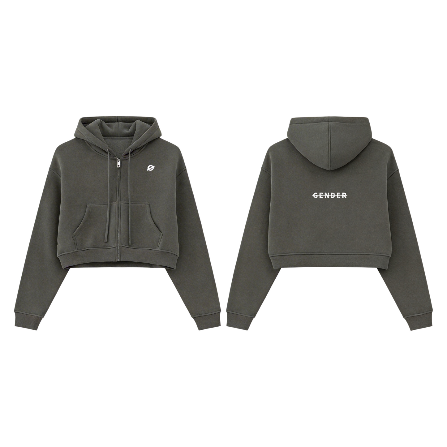Front and back view of ØGENDER taupe cropped zip-up hoodie, featuring the "Ø" logo on the front and "Gender" text graphic on the back.