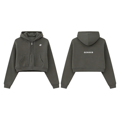Front and back view of ØGENDER taupe cropped zip-up hoodie, featuring the "Ø" logo on the front and "Gender" text graphic on the back.
