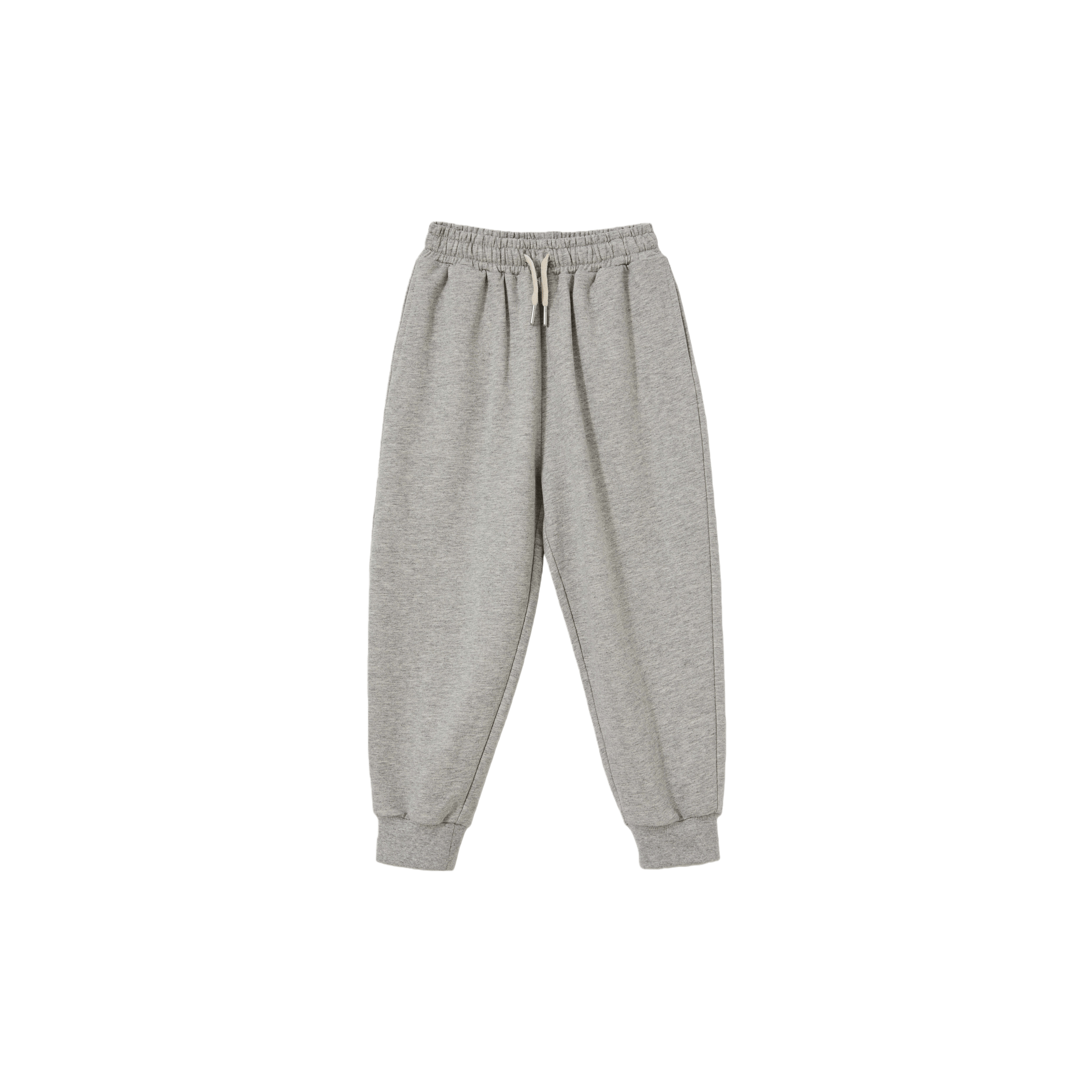Front view of the Heather Grey essential sweatpants, featuring adjustable drawstrings and ribbed ankle cuffs.