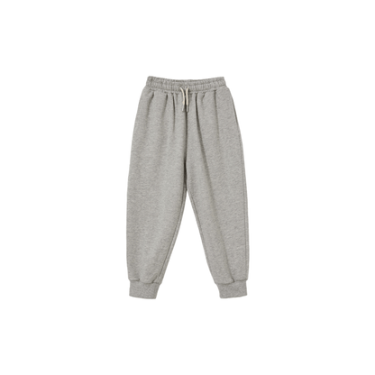 Front view of the Heather Grey essential sweatpants, featuring adjustable drawstrings and ribbed ankle cuffs.