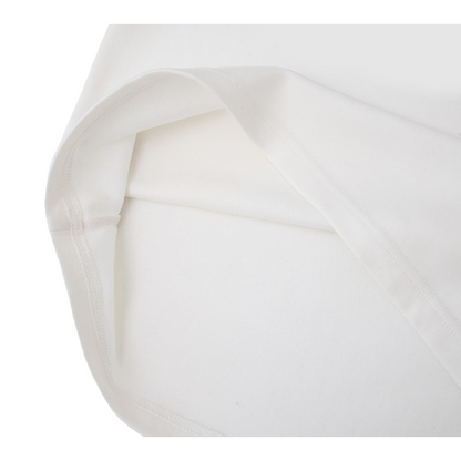 Close-up of the 100% cotton fabric texture and durable hem stitching of the white tee.