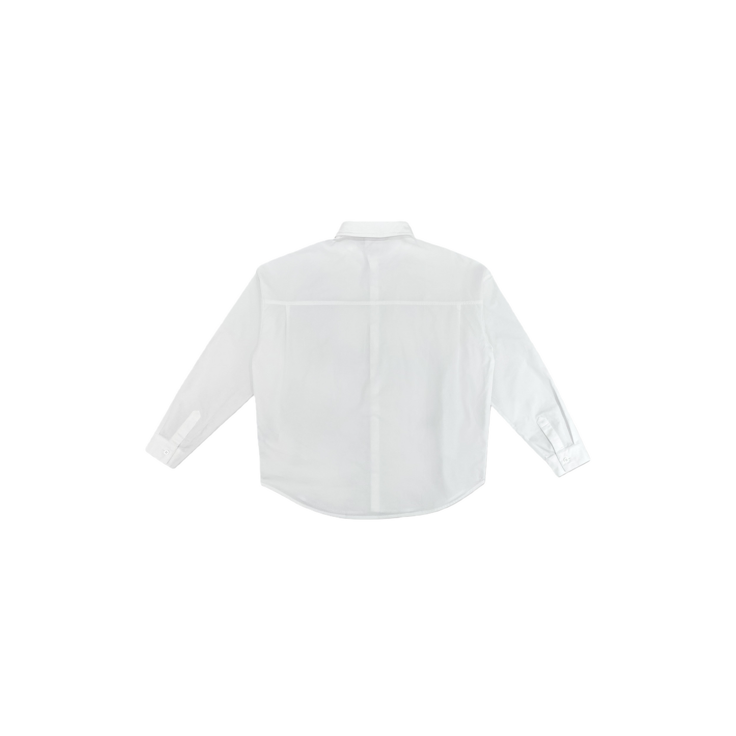 Back view of the 3D tailored white shirt, highlighting the clean structural lines and relaxed silhouette.