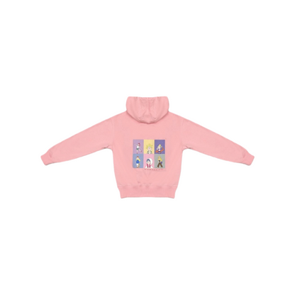 Back view of the pink oversized zip-up hoodie featuring a colorful playful cartoon character print.