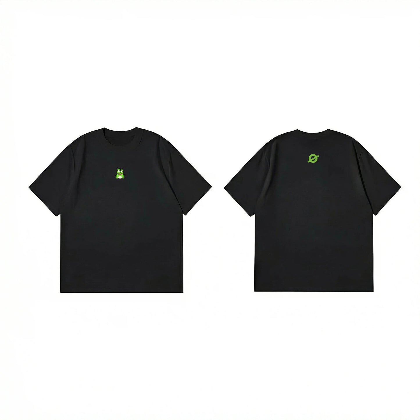 ØGENDER minimalist black graphic tee with a green cartoon frog, aesthetic unisex streetwear for teens.