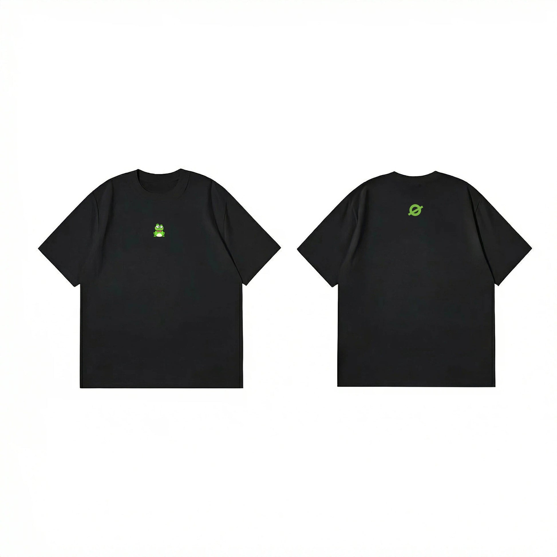 ØGENDER minimalist black graphic tee with a green cartoon frog, aesthetic unisex streetwear for teens.