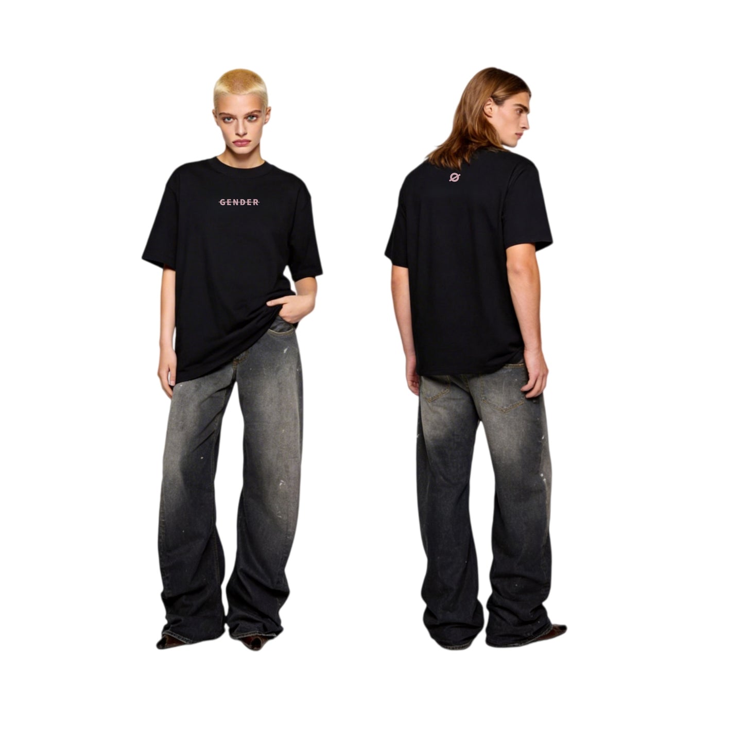 Male and female models wearing ØGENDER black oversized basic tees, showcasing the inclusive gender-neutral fit and streetwear aesthetic.