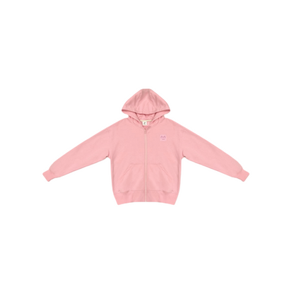 Front view of the pink zip-up hoodie with a clean minimalist design and a small chest logo patch.