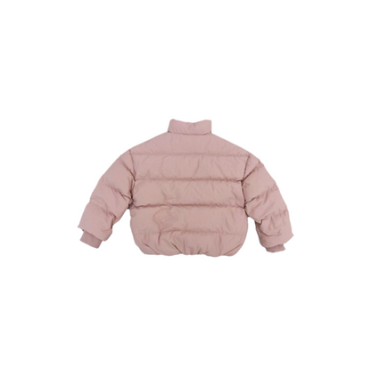 Back view of Ogender nino pink puffer, loose fit silhouette, minimalist aesthetic winter outerwear.