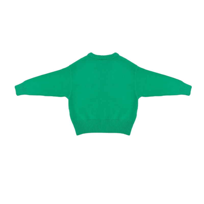 Back view of the green knit cardigan, highlighting the clean stitching and high-quality knit texture.