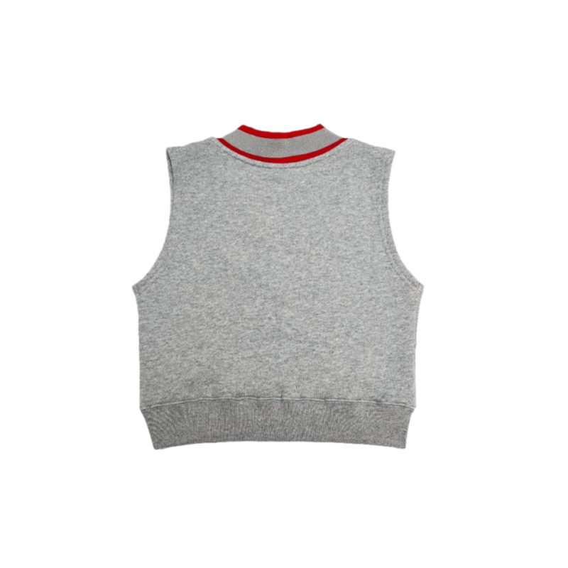 Back view of the heather grey sweat vest, highlighting the clean structural design and contrast-colored collar.