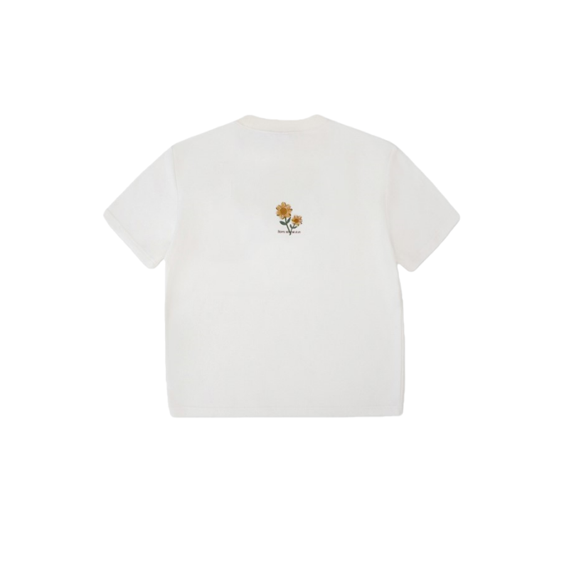 Back view of the white graphic tee highlighting the minimalist sunflower print centered on the upper back.