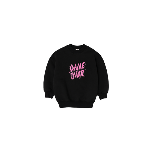 Front view of the black ninø pullover sweatshirt featuring a bold pink "GAME OVER" graphic print.