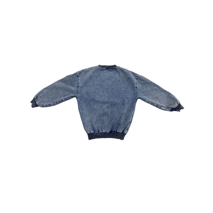 Back view of Ogender oversized denim sweatshirt, showcasing the relaxed drop-shoulder silhouette and consistent vintage washed finish.