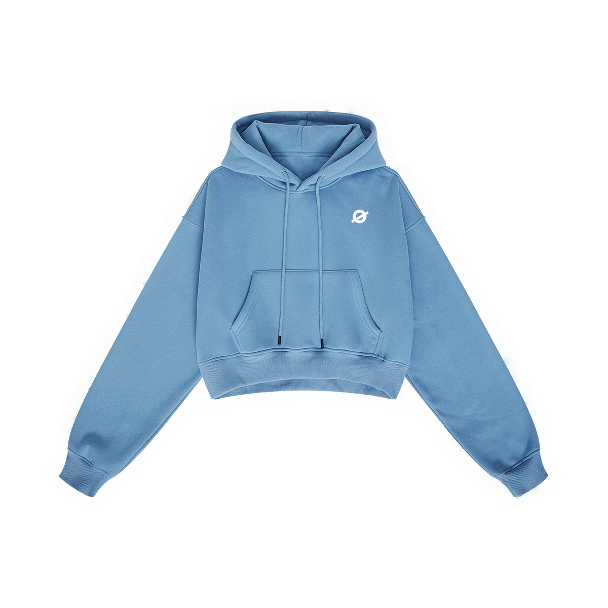 ØGENDER medium blue cropped oversized hoodie featuring the "Ø" icon, high-quality cozy fleece sweatshirt for daily wear.
