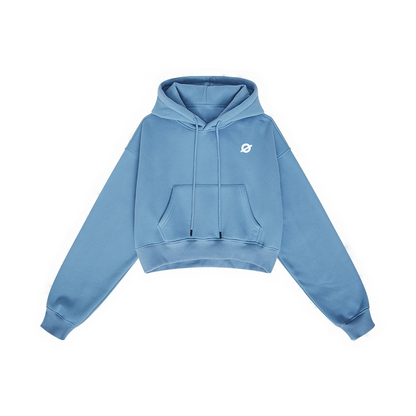 ØGENDER medium blue cropped oversized hoodie featuring the "Ø" icon, high-quality cozy fleece sweatshirt for daily wear.