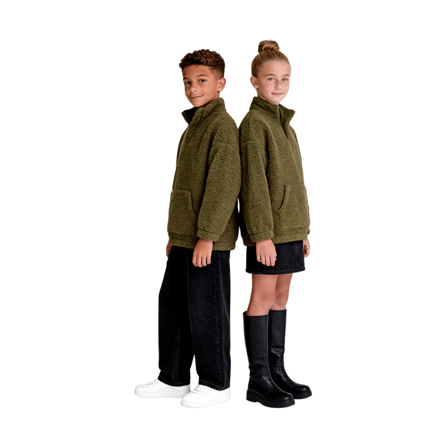 Unisex kids and teens wearing Ogender olive green sherpa pullovers, gender-neutral aesthetic winter streetwear.