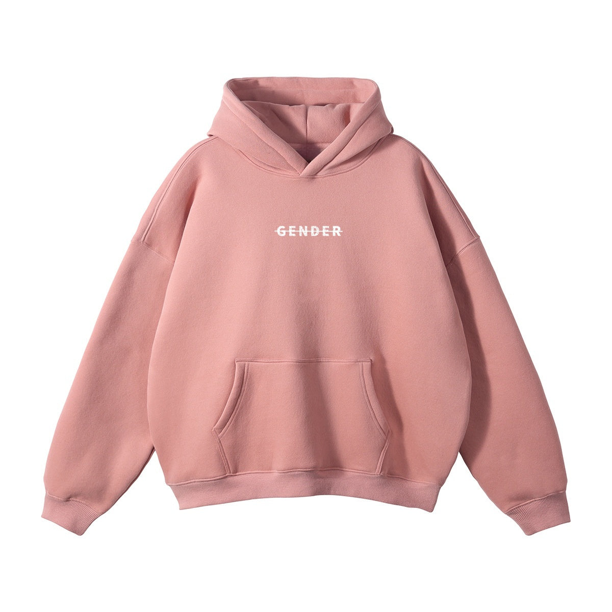 ØGENDER dusty pink oversized fleece-lined hoodie with "Gender" graphic on the chest, 42% cotton 58% polyester blend.