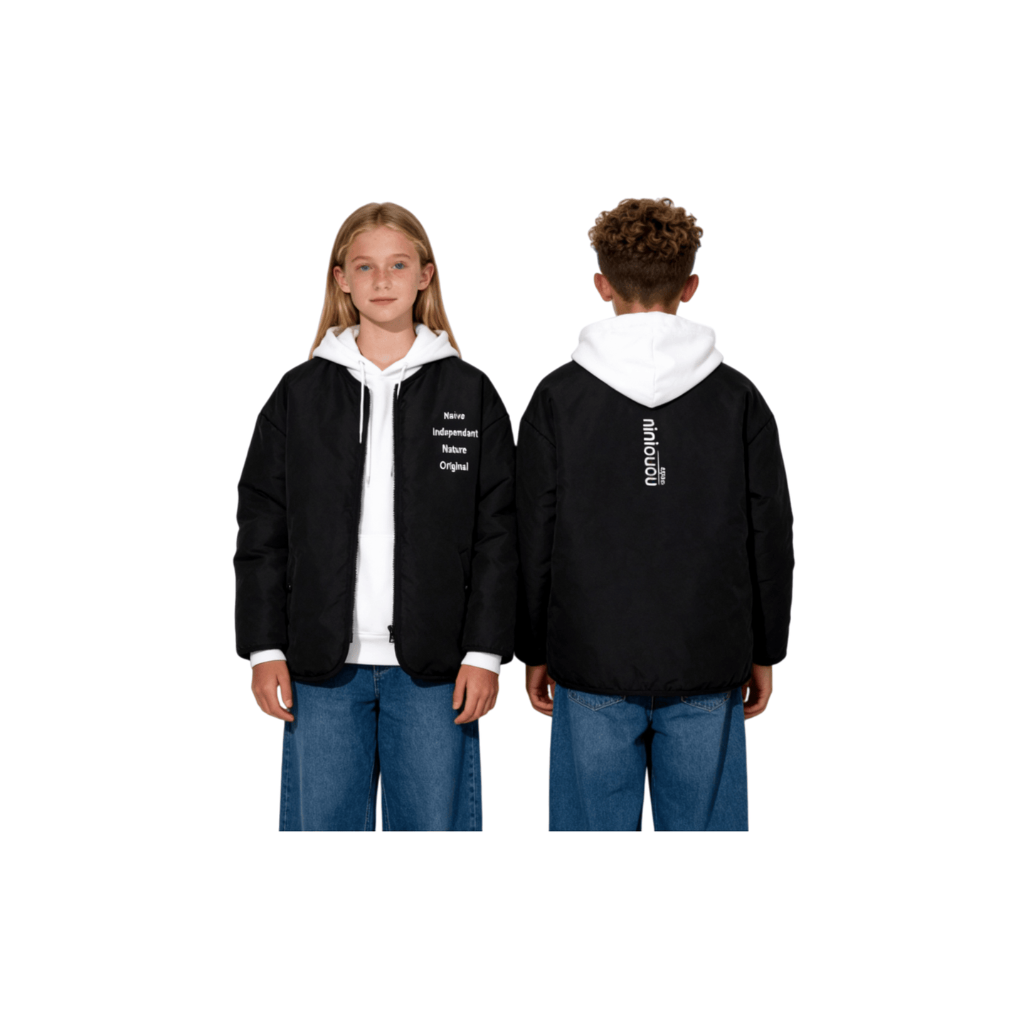 Kids wearing the black padded jacket, showcasing the modern oversized fit and functional collarless design.