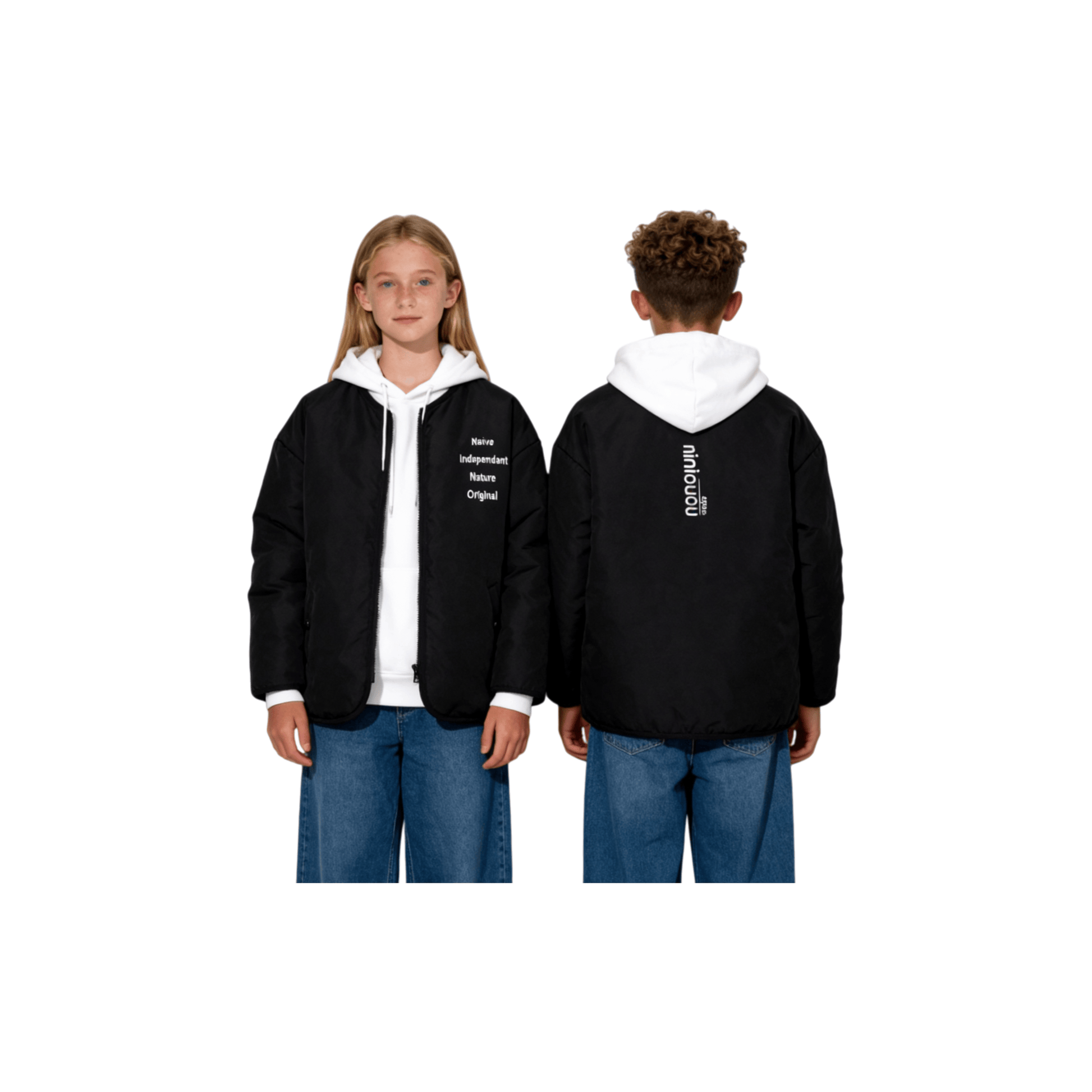 Kids wearing the black padded jacket, showcasing the modern oversized fit and functional collarless design.