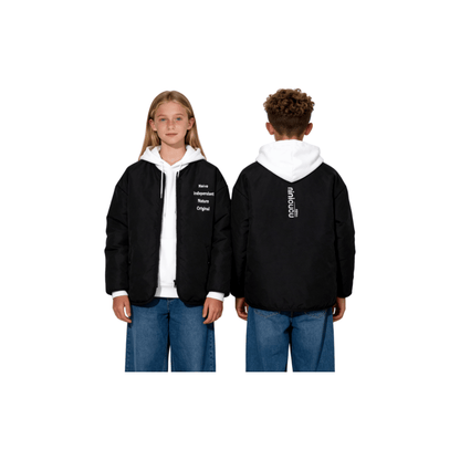 Kids wearing the black padded jacket, showcasing the modern oversized fit and functional collarless design.