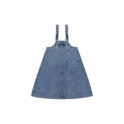 Back view of the denim dress highlighting the elasticated waistband for added comfort and flexibility.