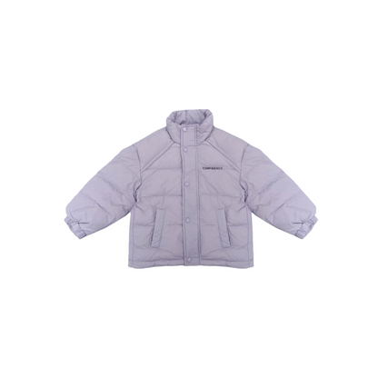 Front view of the ninø kids' stand-collar puffer jacket in deep purple, featuring a high-sheen glossy finish and clean horizontal quilting.