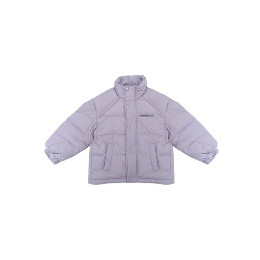 Front view of the ninø kids' stand-collar puffer jacket in deep purple, featuring a high-sheen glossy finish and clean horizontal quilting.