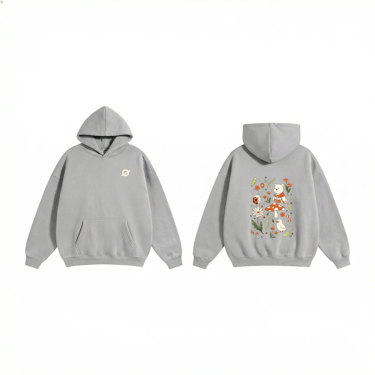 ØGENDER Garden Series unisex oversized hoodie in heather grey, featuring a cute bear with mushrooms and floral graphic art.
