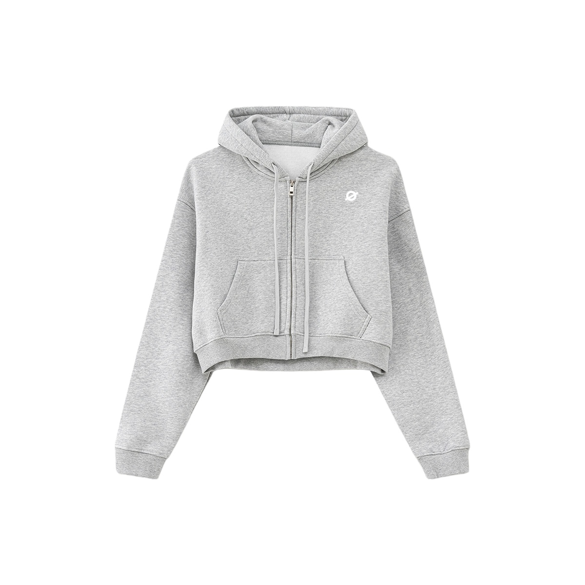 ØGENDER heather grey cropped oversized zip hoodie with "Ø" minimalist branding, 42% cotton blend with soft fleece interior.