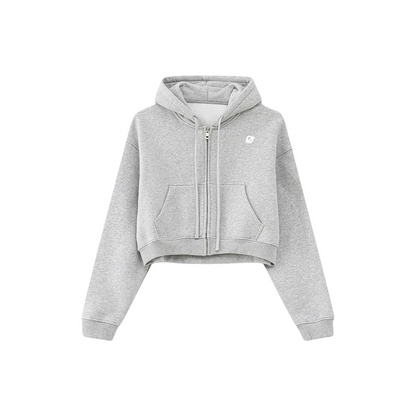 ØGENDER heather grey cropped oversized zip hoodie with "Ø" minimalist branding, 42% cotton blend with soft fleece interior.