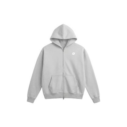 ØGENDER heather grey oversized zip-up hoodie featuring the "Ø" logo, heavyweight cotton-blend fleece for a relaxed look.