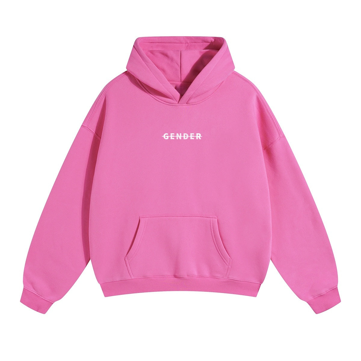ØGENDER rose red oversized fleece hoodie featuring the "Gender" graphic, vibrant streetwear essential in a soft cotton blend.