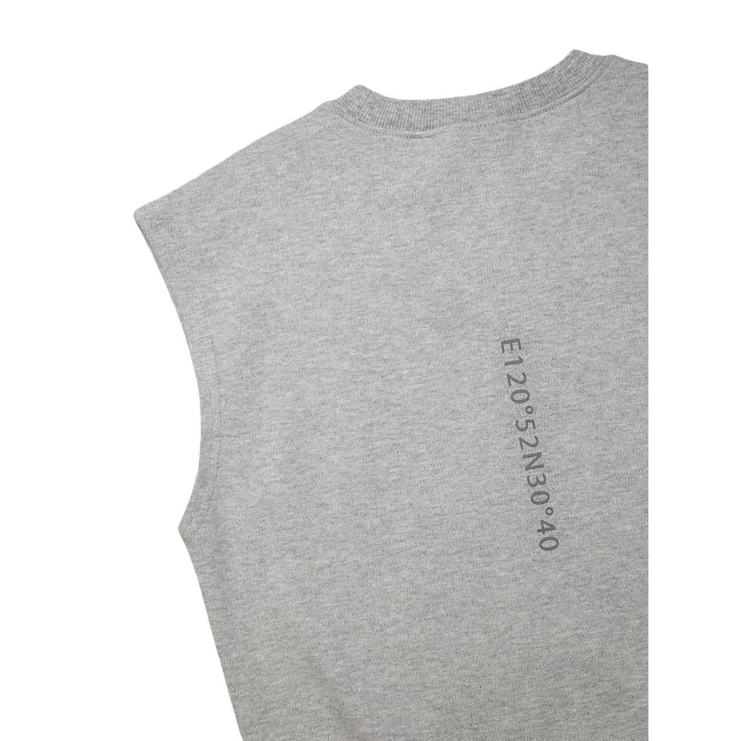 Detailed back view of the kids' grey sweat vest, showcasing the vertical coordinate-style graphic print on 340g/m2 cotton.